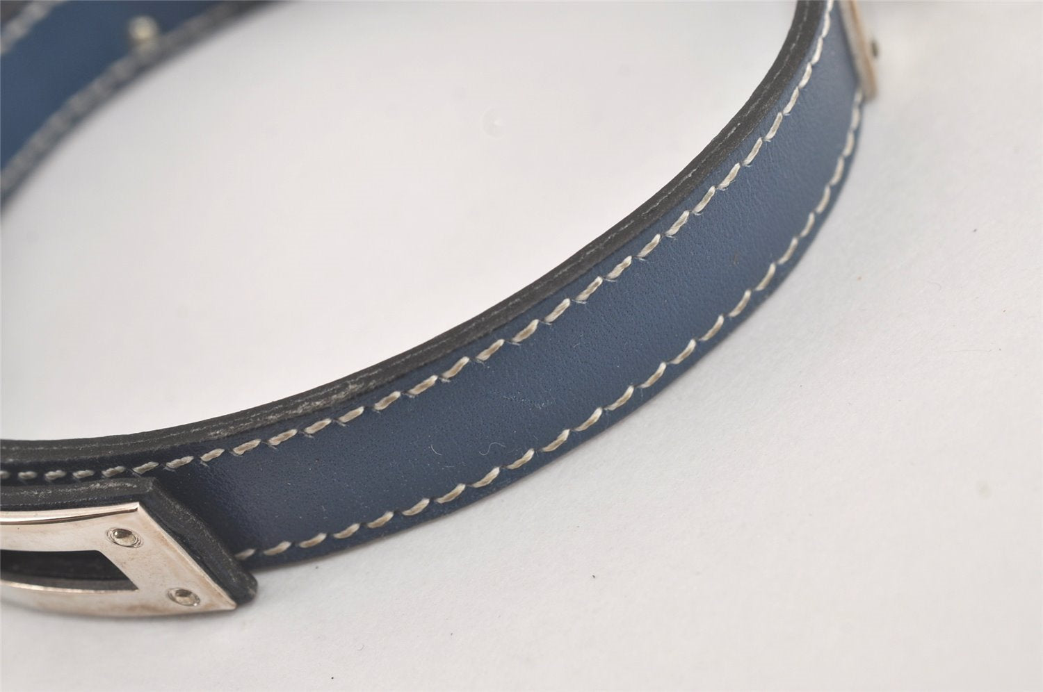 Authentic HERMES Leather Kelly Double Tour Bangle Bracelet Silver Blue 4162L