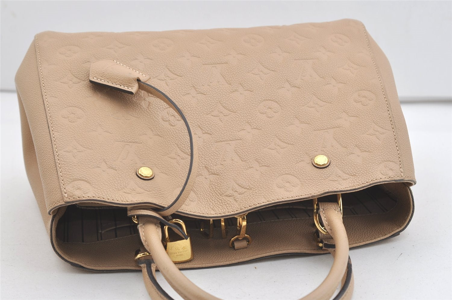 Auth Louis Vuitton Monogram Empreinte Montaigne MM 2Way Hand Bag Beige LV 4163J