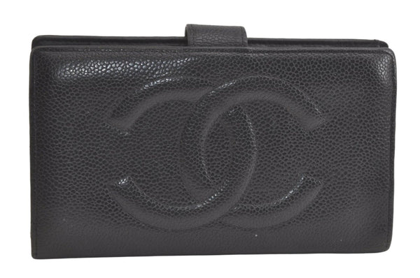 Authentic CHANEL Caviar Skin CC Logo Long Bifold Wallet Purse Black 4163K