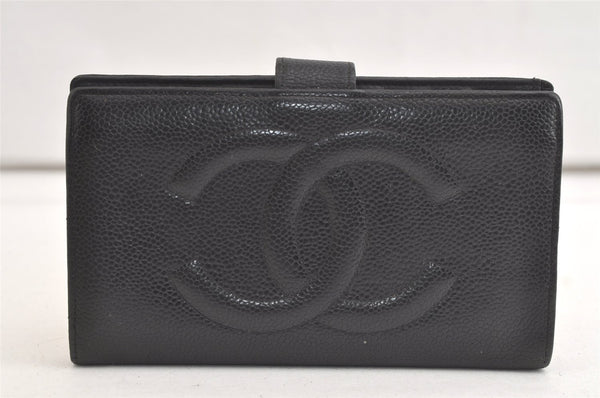 Authentic CHANEL Caviar Skin CC Logo Long Bifold Wallet Purse Black 4163K