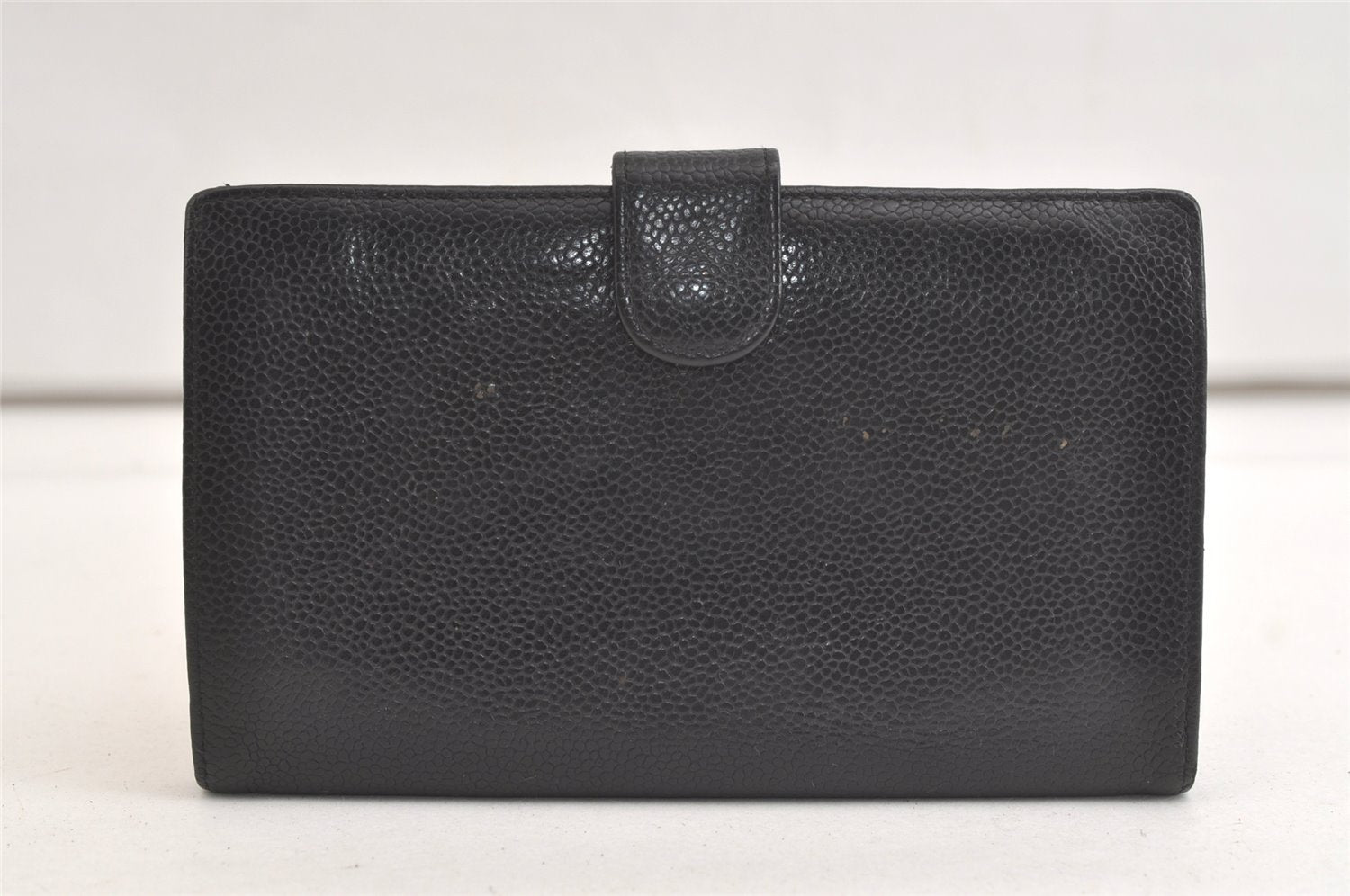 Authentic CHANEL Caviar Skin CC Logo Long Bifold Wallet Purse Black 4163K