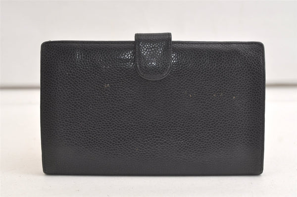 Authentic CHANEL Caviar Skin CC Logo Long Bifold Wallet Purse Black 4163K