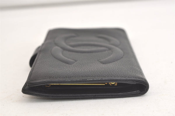 Authentic CHANEL Caviar Skin CC Logo Long Bifold Wallet Purse Black 4163K