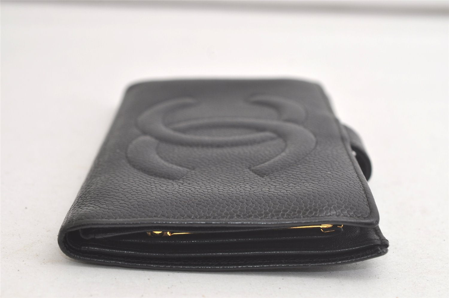 Authentic CHANEL Caviar Skin CC Logo Long Bifold Wallet Purse Black 4163K
