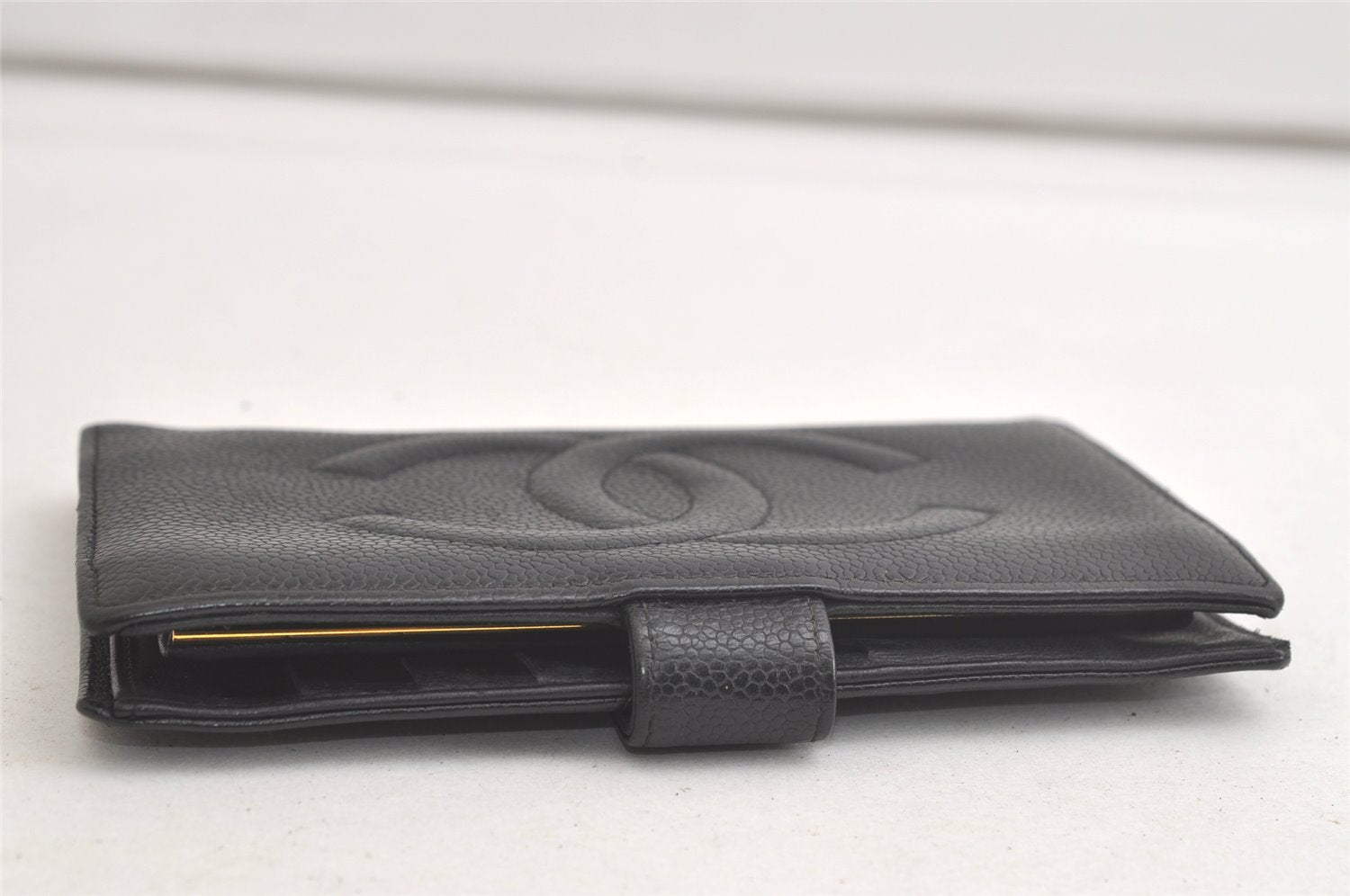 Authentic CHANEL Caviar Skin CC Logo Long Bifold Wallet Purse Black 4163K