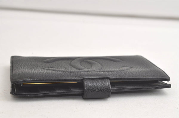 Authentic CHANEL Caviar Skin CC Logo Long Bifold Wallet Purse Black 4163K