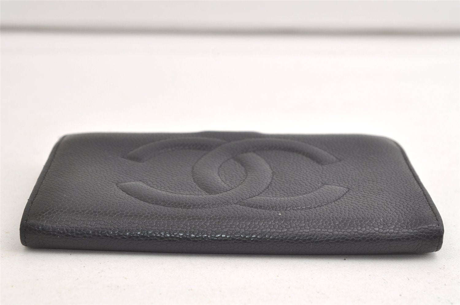 Authentic CHANEL Caviar Skin CC Logo Long Bifold Wallet Purse Black 4163K