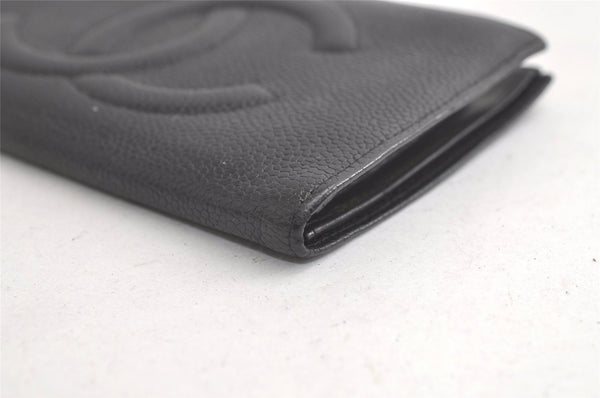 Authentic CHANEL Caviar Skin CC Logo Long Bifold Wallet Purse Black 4163K