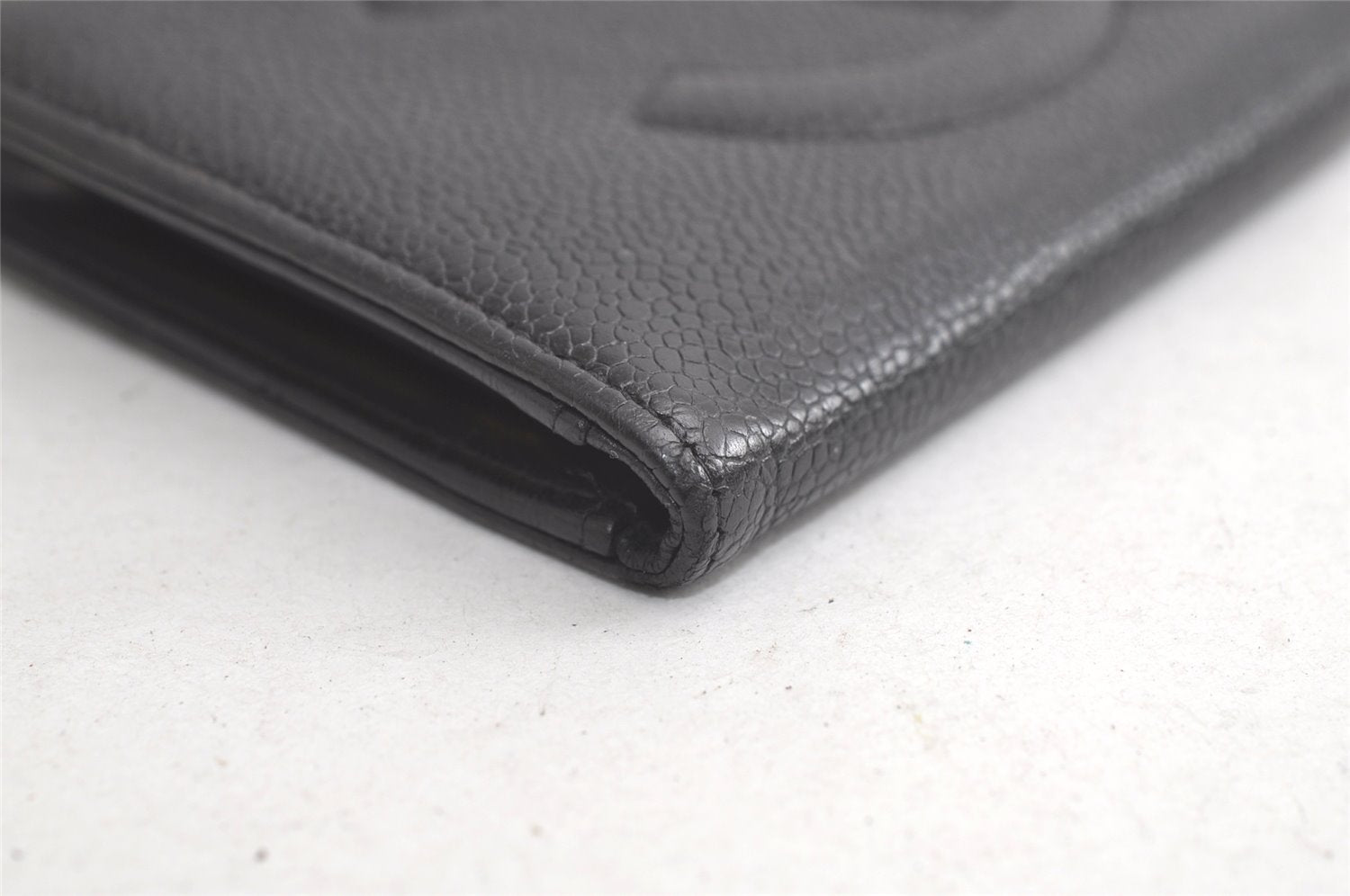 Authentic CHANEL Caviar Skin CC Logo Long Bifold Wallet Purse Black 4163K