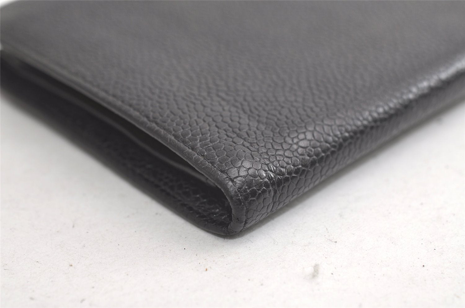 Authentic CHANEL Caviar Skin CC Logo Long Bifold Wallet Purse Black 4163K