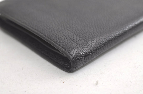 Authentic CHANEL Caviar Skin CC Logo Long Bifold Wallet Purse Black 4163K