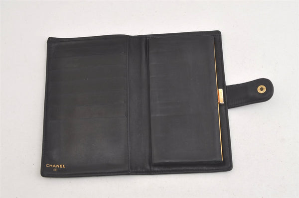 Authentic CHANEL Caviar Skin CC Logo Long Bifold Wallet Purse Black 4163K