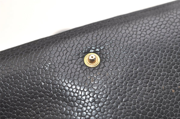 Authentic CHANEL Caviar Skin CC Logo Long Bifold Wallet Purse Black 4163K