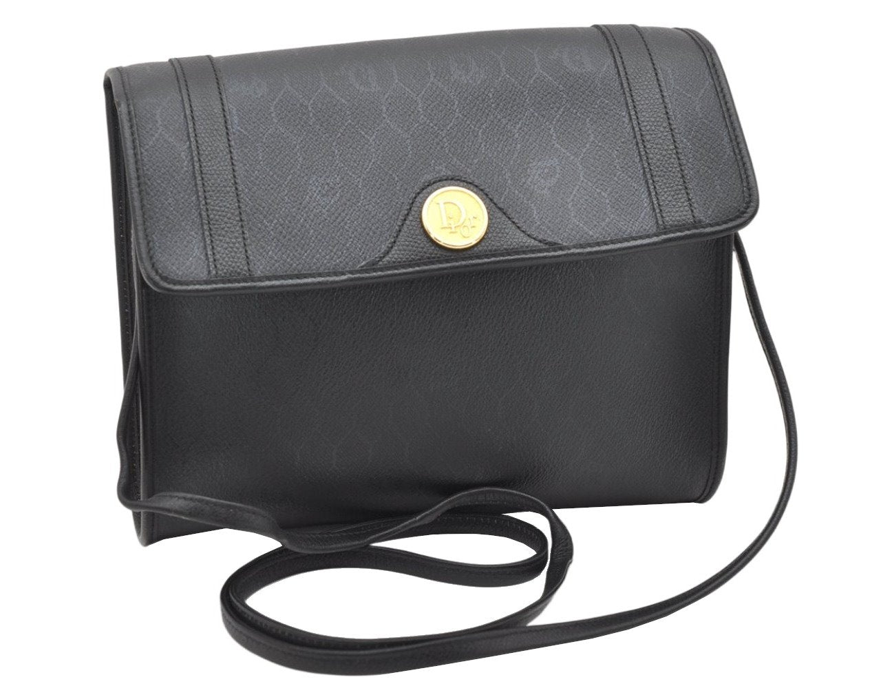 Authentic Christian Dior Honeycomb Shoulder Cross Bag PVC Leather Black 4167K