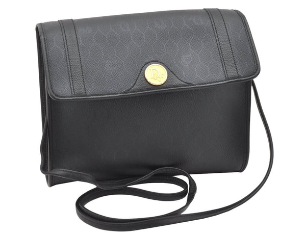 Authentic Christian Dior Honeycomb Shoulder Cross Bag PVC Leather Black 4167K