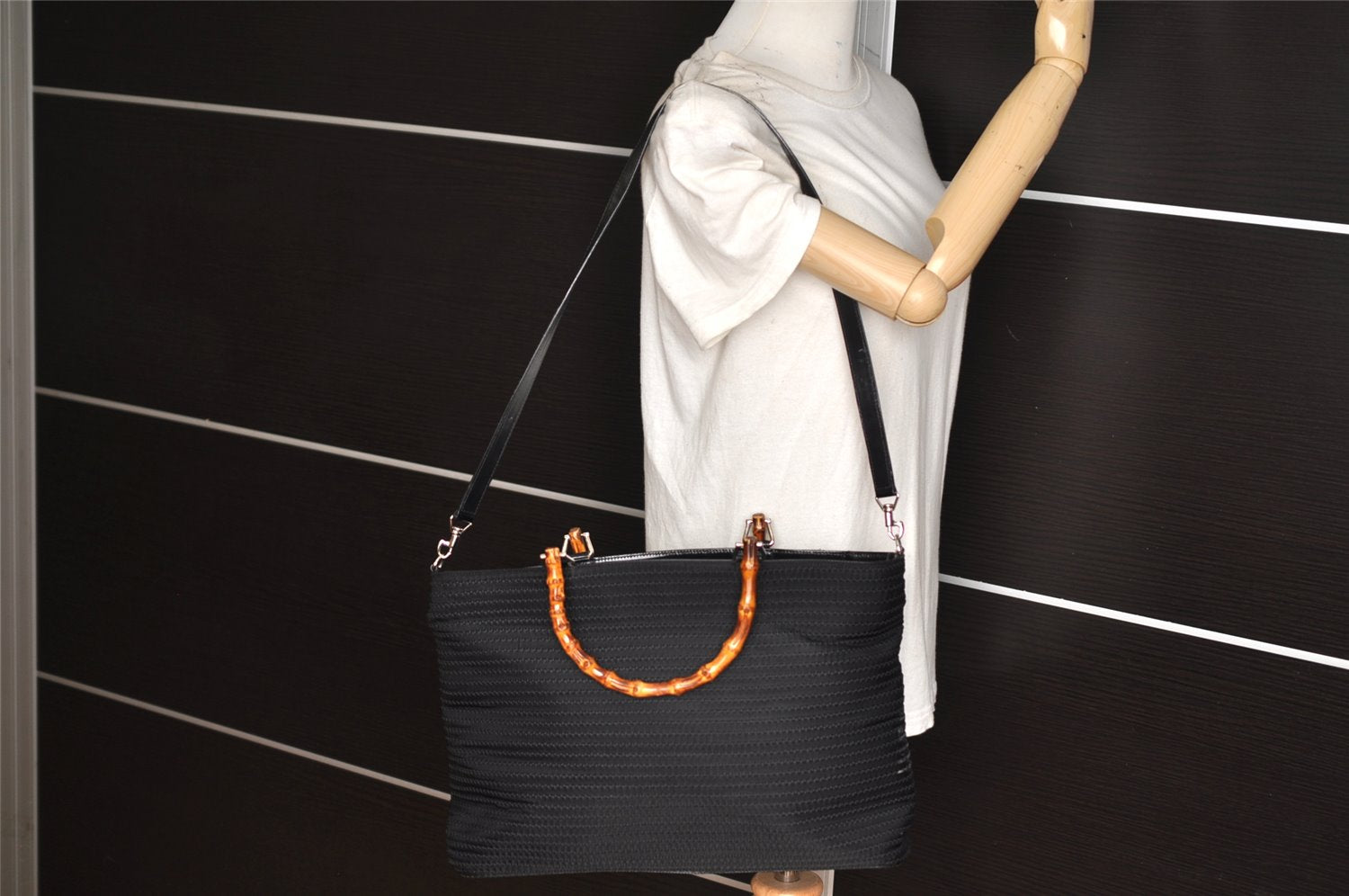 Authentic GUCCI Bamboo 2Way Shoulder Tote Bag Nylon Leather Black 4168K