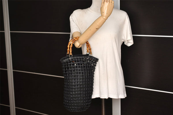 Authentic GUCCI Bamboo Hand Drawstring Bag Leather Suede Black Junk 4169K