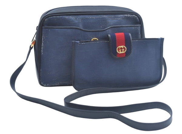 Authentic GUCCI Sherry Line Micro GG Shoulder Bag GG PVC Leather Navy Junk 4170I