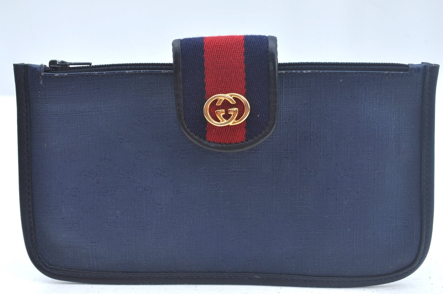 Authentic GUCCI Sherry Line Micro GG Shoulder Bag GG PVC Leather Navy Junk 4170I