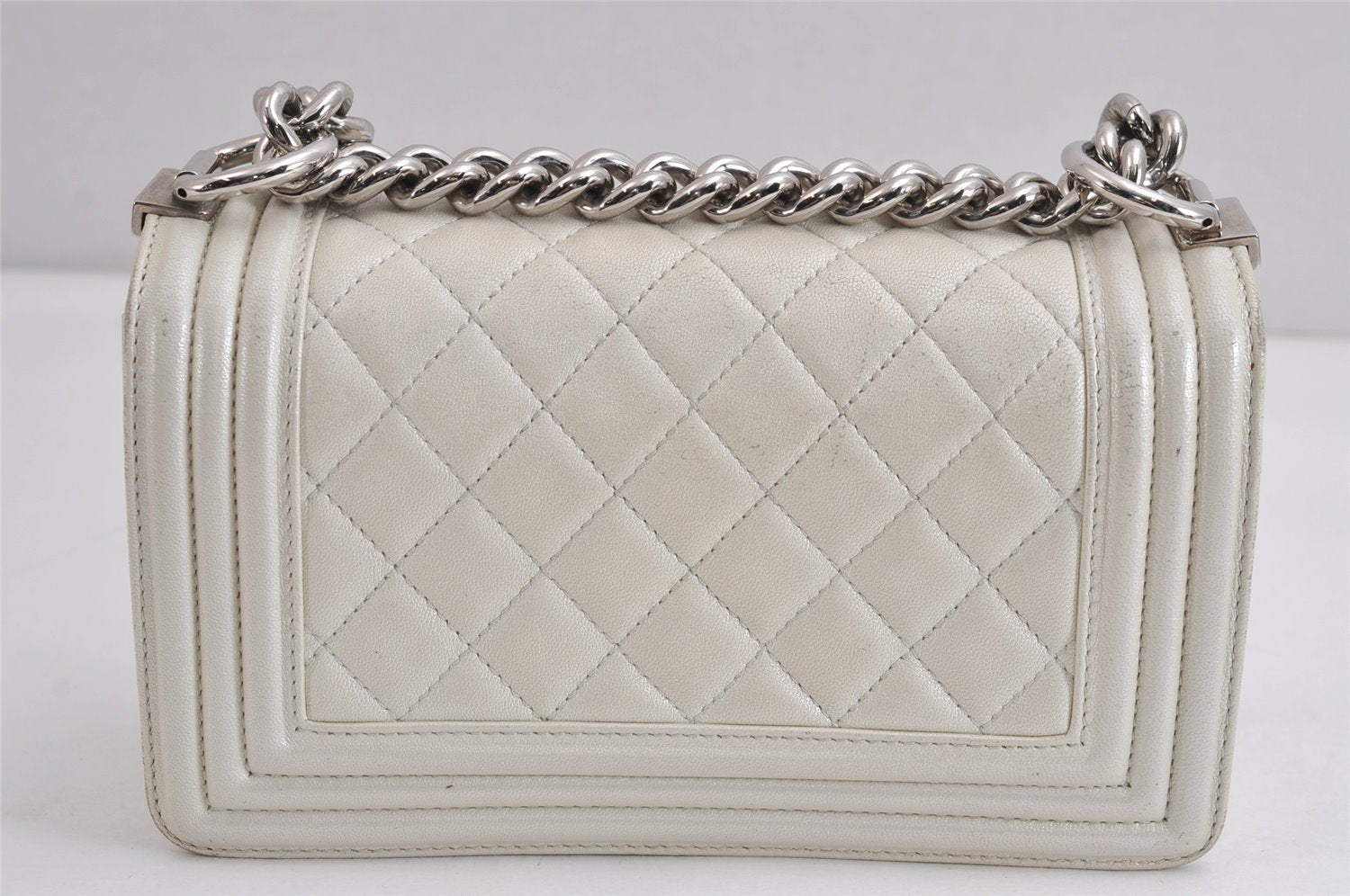 Authentic CHANEL BOY CHANEL Calf Skin Matelasse CC Shoulder Bag White 4170J