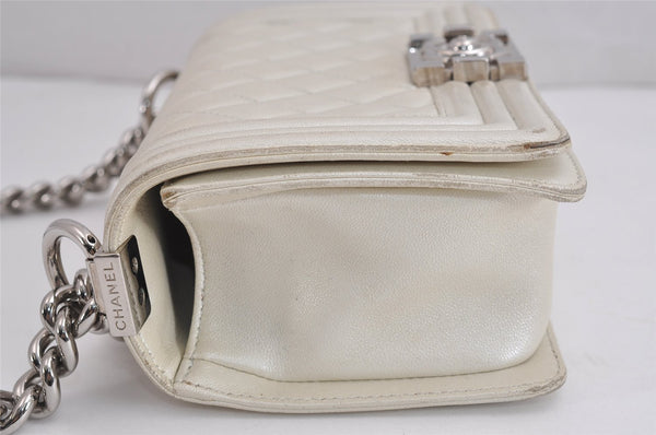 Authentic CHANEL BOY CHANEL Calf Skin Matelasse CC Shoulder Bag White 4170J