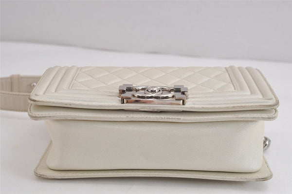 Authentic CHANEL BOY CHANEL Calf Skin Matelasse CC Shoulder Bag White 4170J