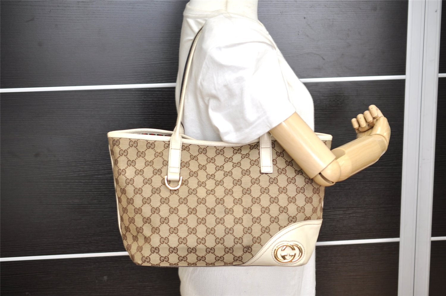 Authentic GUCCI New Britt Shoulder Tote Bag GG Canvas Leather 169946 Brown 4171K