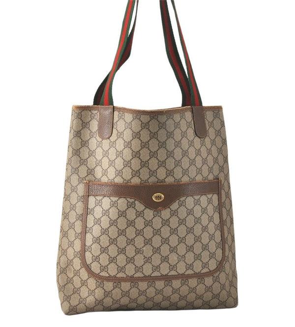 Authentic GUCCI Web Sherry Line Shoulder Tote Bag GG PVC Leather Brown 4175K