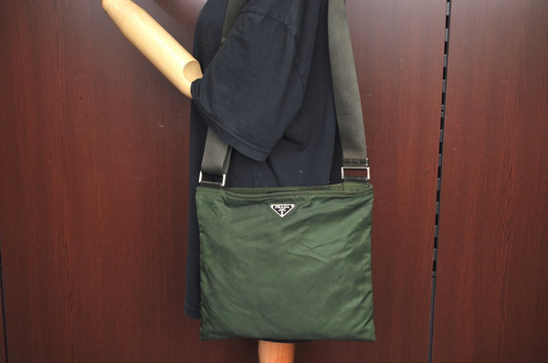 Authentic PRADA Nylon Tessuto Leather Shoulder Cross Bag Purse Green 4181J