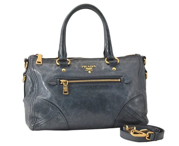 Authentic PRADA Leather Nappa 2Way Shoulder Hand Bag Blue 4190K