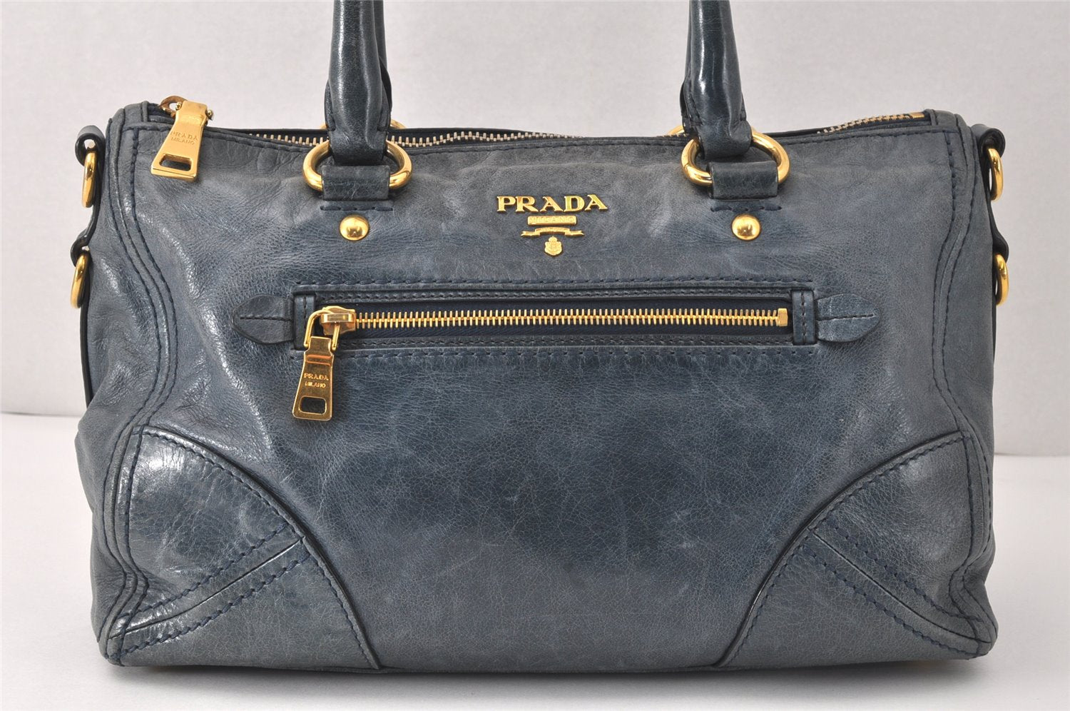 Authentic PRADA Leather Nappa 2Way Shoulder Hand Bag Blue 4190K