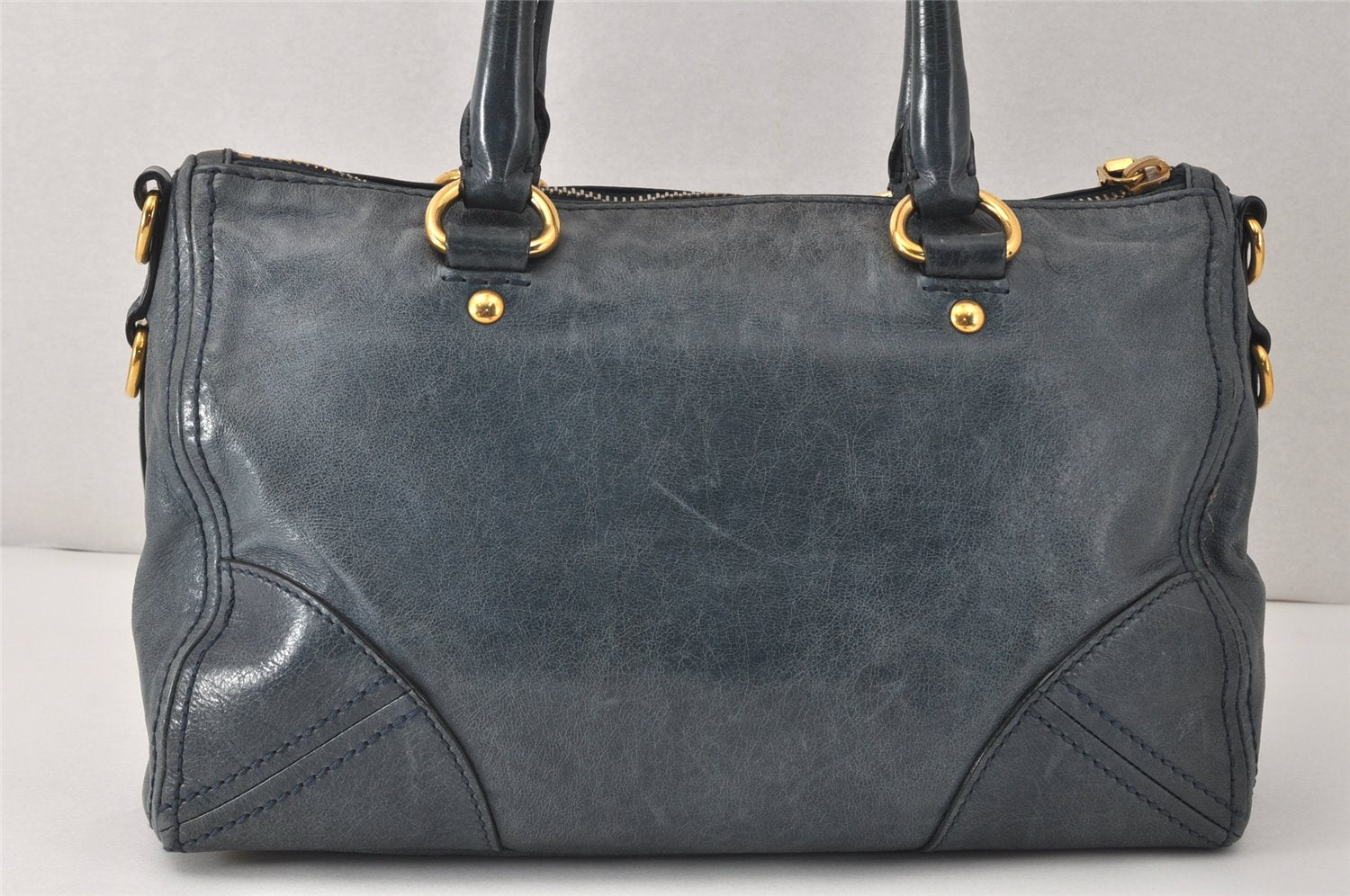 Authentic PRADA Leather Nappa 2Way Shoulder Hand Bag Blue 4190K