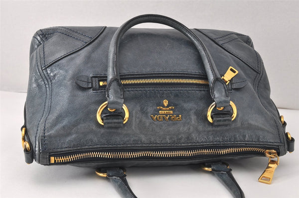 Authentic PRADA Leather Nappa 2Way Shoulder Hand Bag Blue 4190K