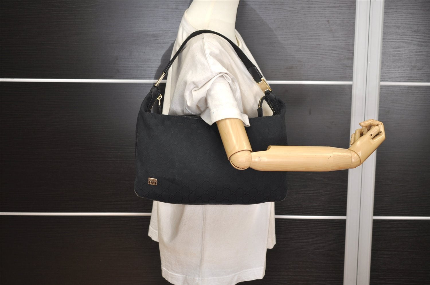 Authentic GUCCI Vintage Shoulder Hand Bag GG Canvas Leather 146243 Black 4194J