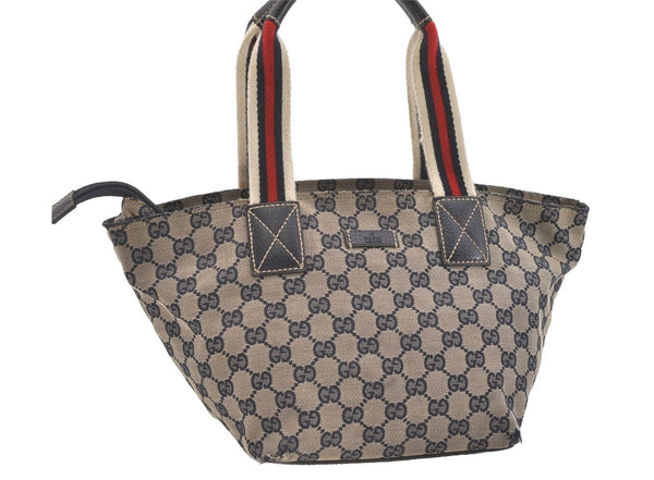 Authentic GUCCI Sherry Line Hand Bag GG Canvas Leather 131228 Navy Blue 4195J