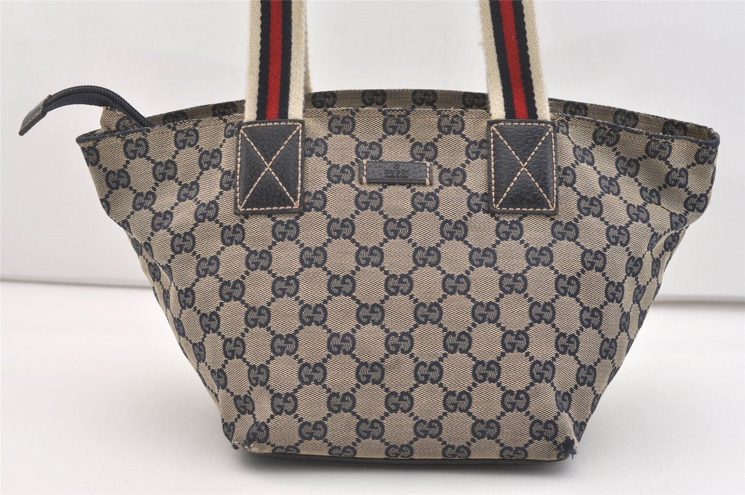 Authentic GUCCI Sherry Line Hand Bag GG Canvas Leather 131228 Navy Blue 4195J