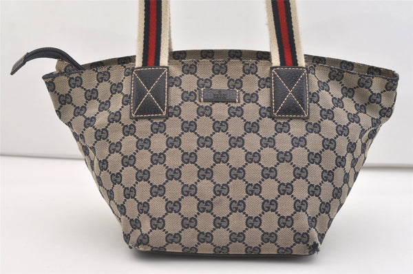 Authentic GUCCI Sherry Line Hand Bag GG Canvas Leather 131228 Navy Blue 4195J