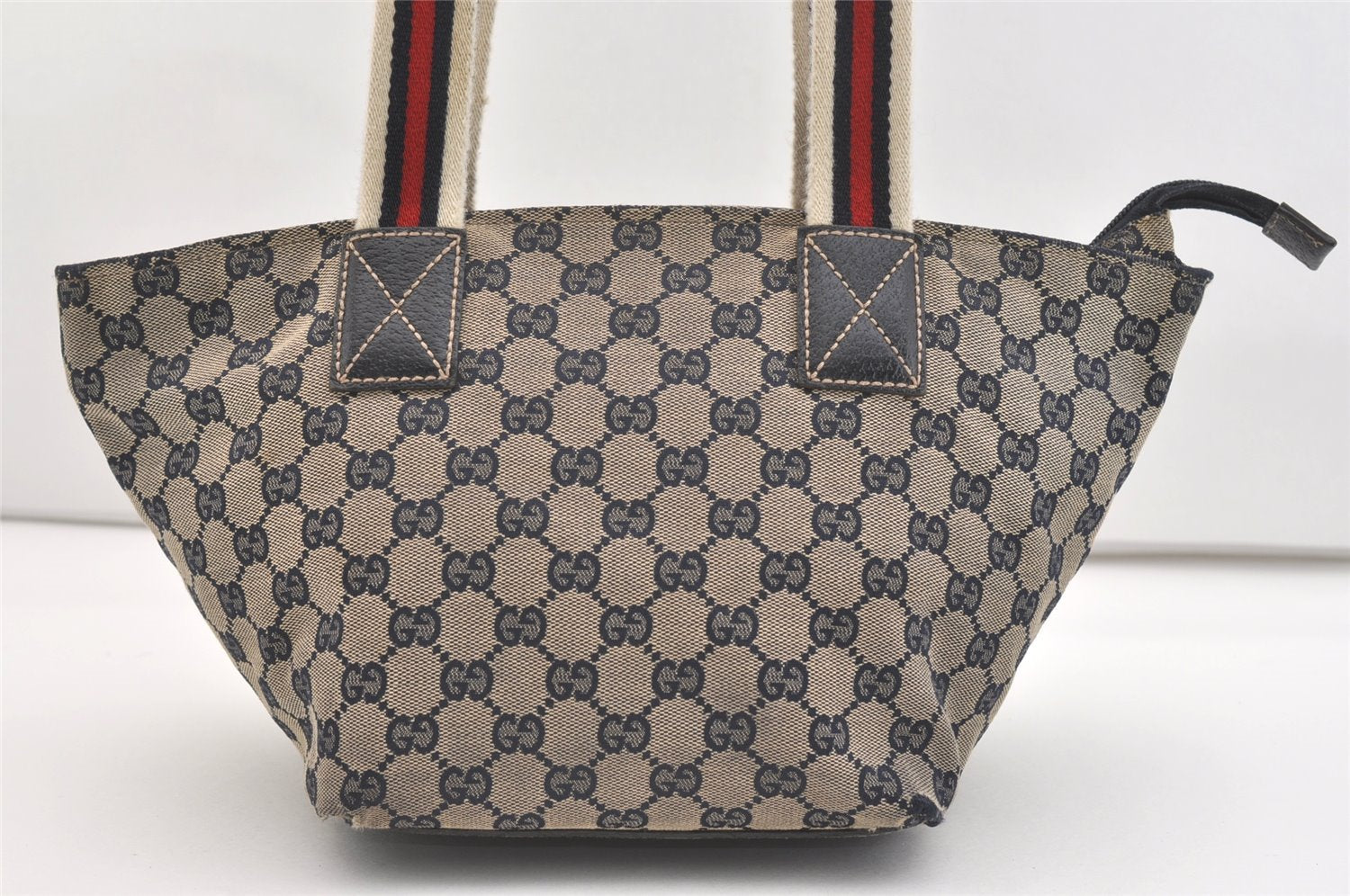 Authentic GUCCI Sherry Line Hand Bag GG Canvas Leather 131228 Navy Blue 4195J