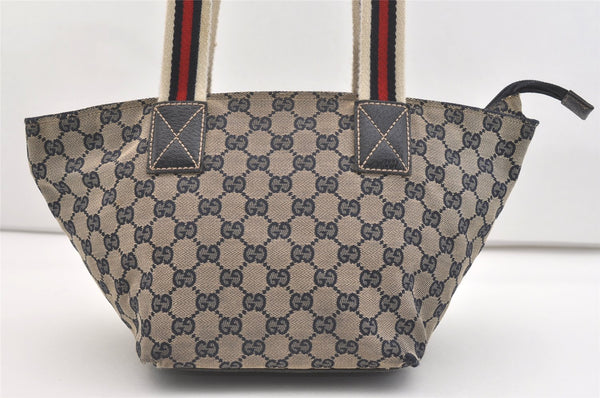Authentic GUCCI Sherry Line Hand Bag GG Canvas Leather 131228 Navy Blue 4195J