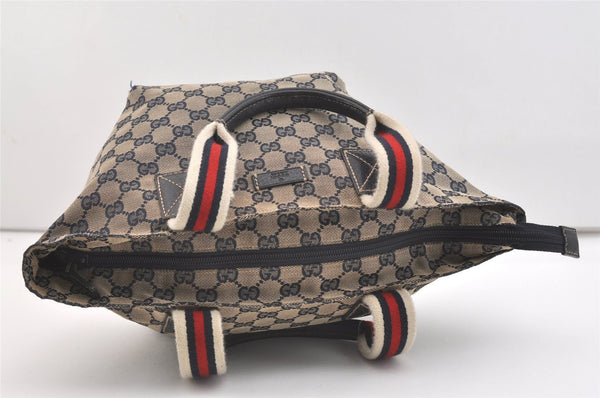Authentic GUCCI Sherry Line Hand Bag GG Canvas Leather 131228 Navy Blue 4195J
