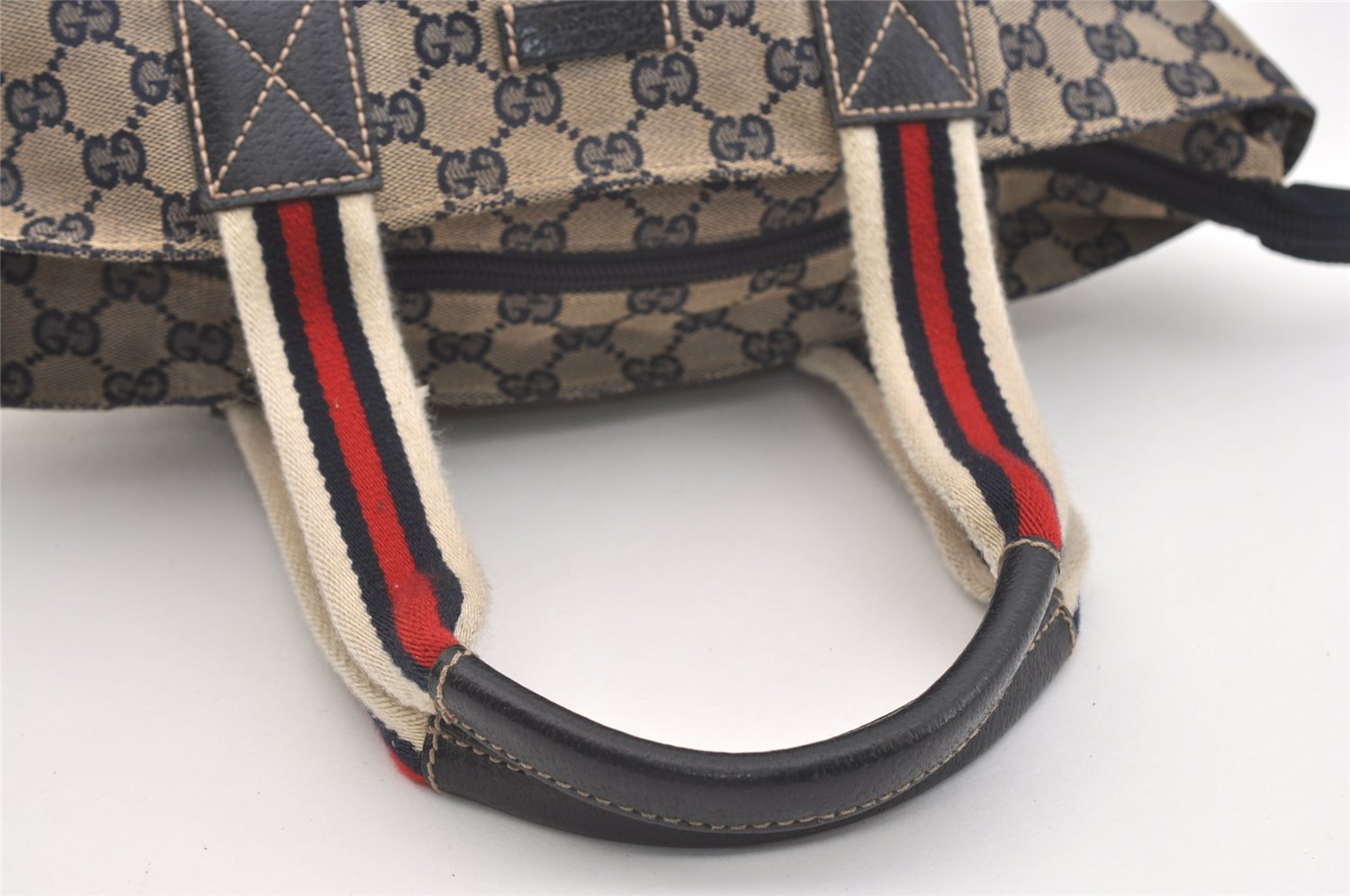 Authentic GUCCI Sherry Line Hand Bag GG Canvas Leather 131228 Navy Blue 4195J