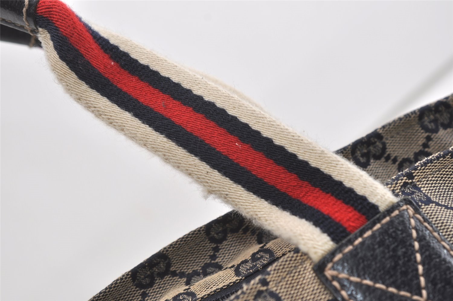 Authentic GUCCI Sherry Line Hand Bag GG Canvas Leather 131228 Navy Blue 4195J