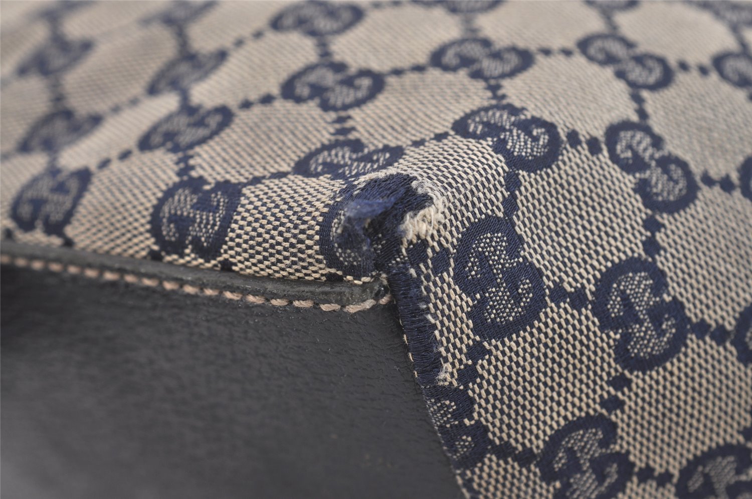 Authentic GUCCI Sherry Line Hand Bag GG Canvas Leather 131228 Navy Blue 4195J
