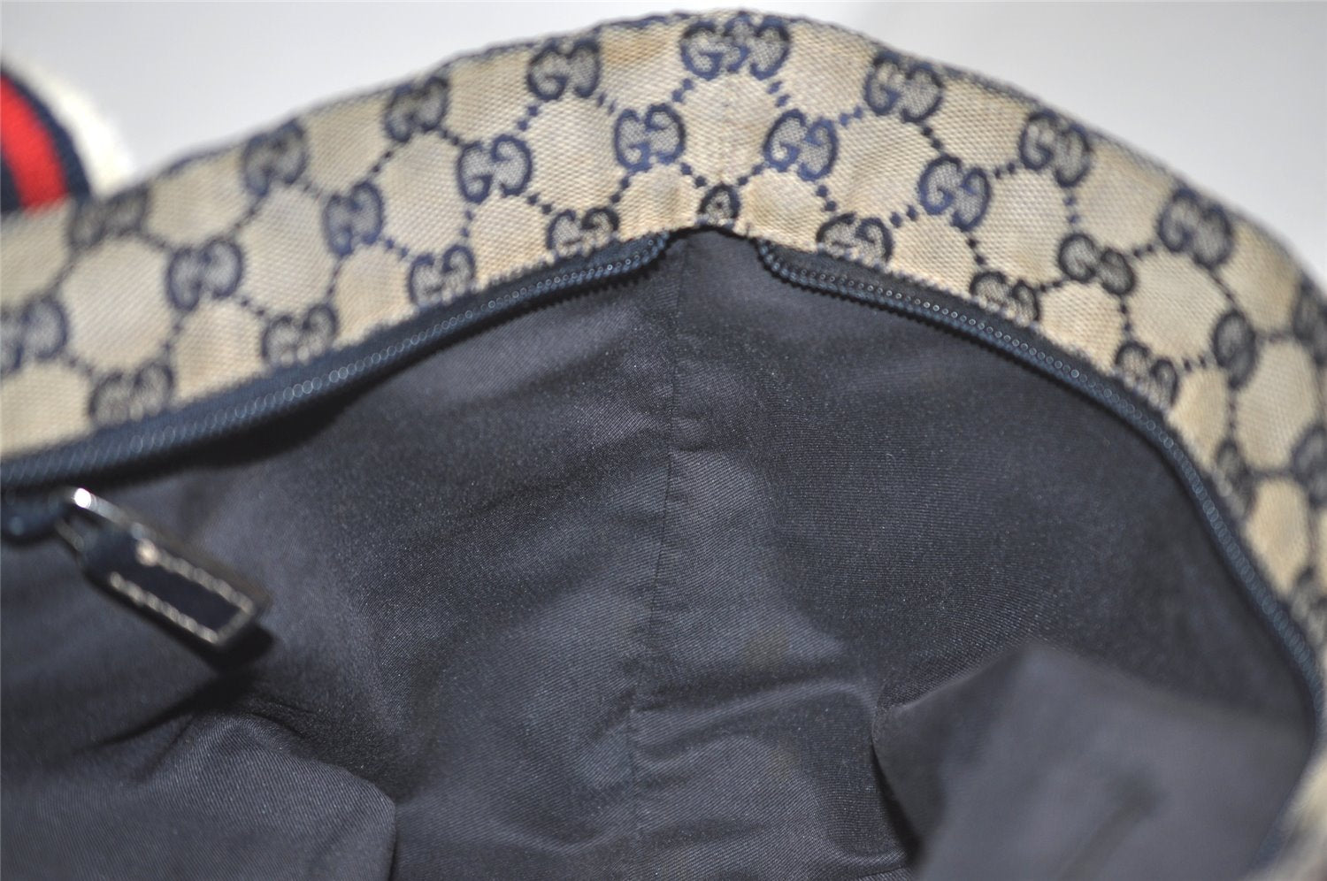 Authentic GUCCI Sherry Line Hand Bag GG Canvas Leather 131228 Navy Blue 4195J