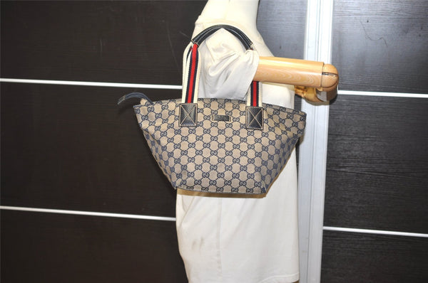 Authentic GUCCI Sherry Line Hand Bag GG Canvas Leather 131228 Navy Blue 4195J