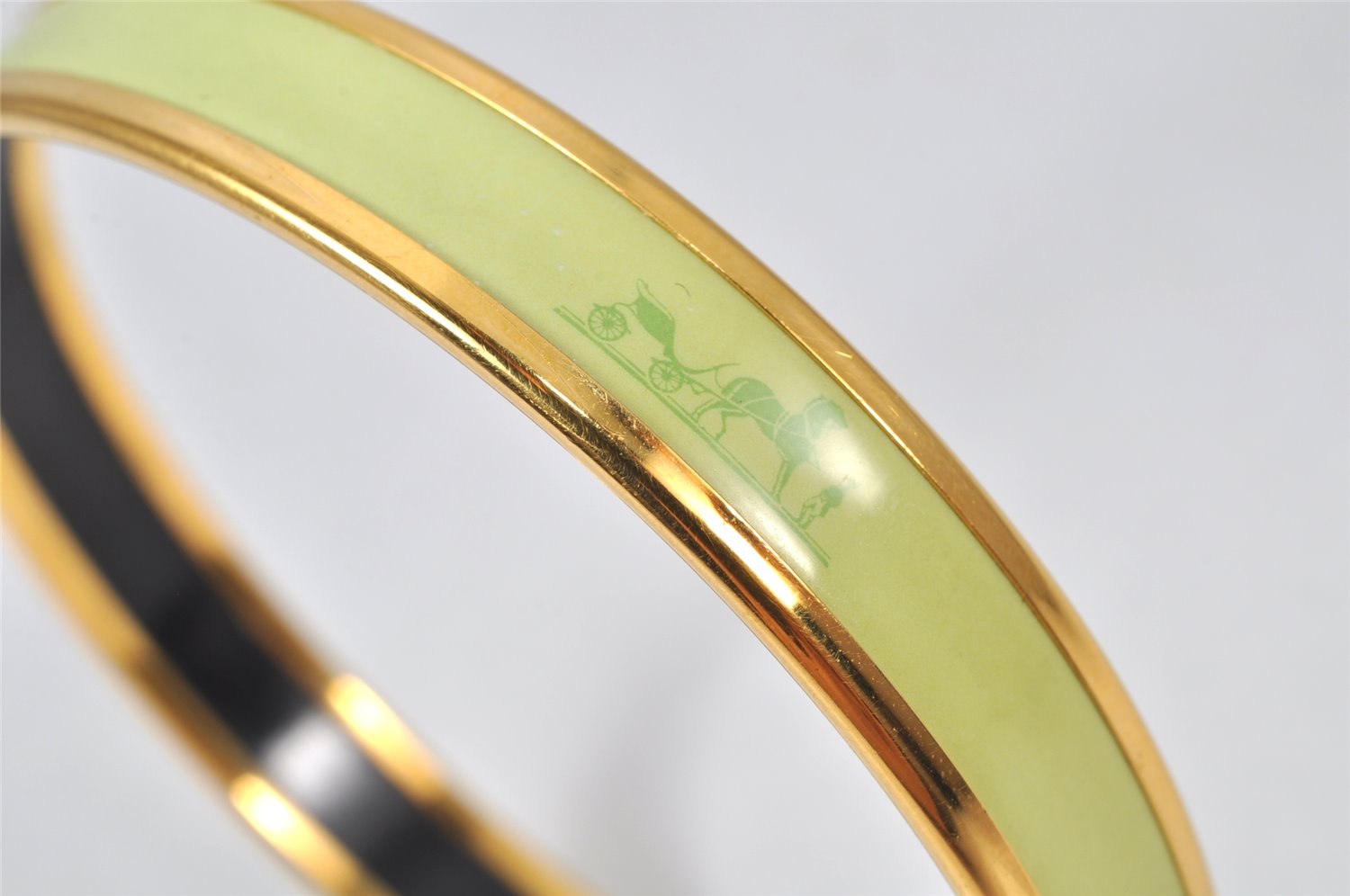 Authentic HERMES Email PM Bangle Horse Carriage Motif Gold Light Green 4198K