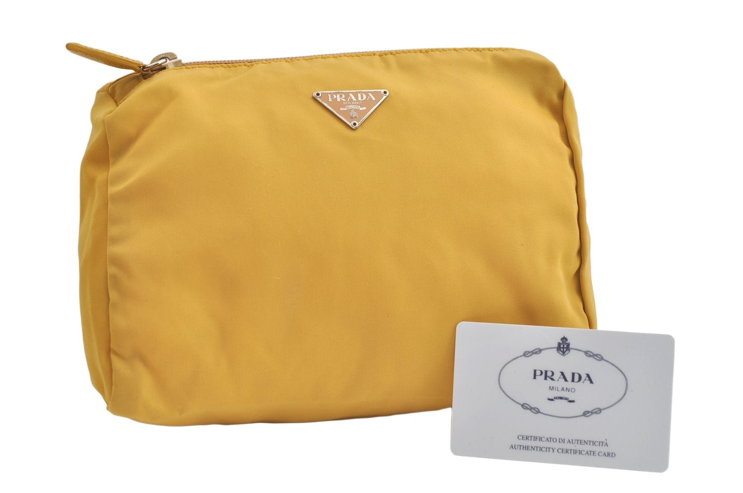 Authentic PRADA VELA Nylon Tessuto Leather Pouch Purse MV11 Yellow 4201K