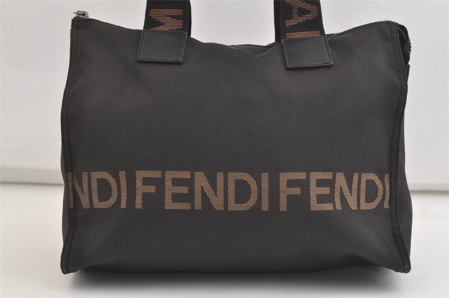 Authentic FENDI Vintage Nylon Leather Tote Hand Bag Purse Black 4203K