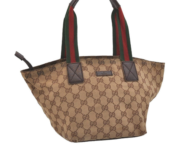 Authentic GUCCI Web Sherry Line Tote Hand Bag GG Canvas Leather Brown 4206J