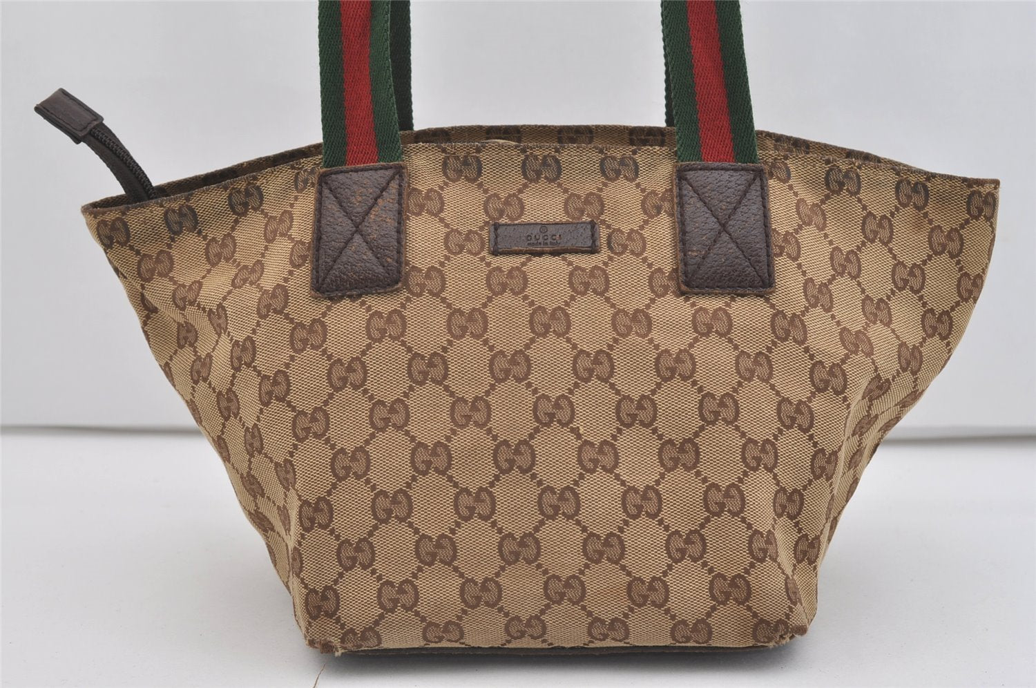 Authentic GUCCI Web Sherry Line Tote Hand Bag GG Canvas Leather Brown 4206J